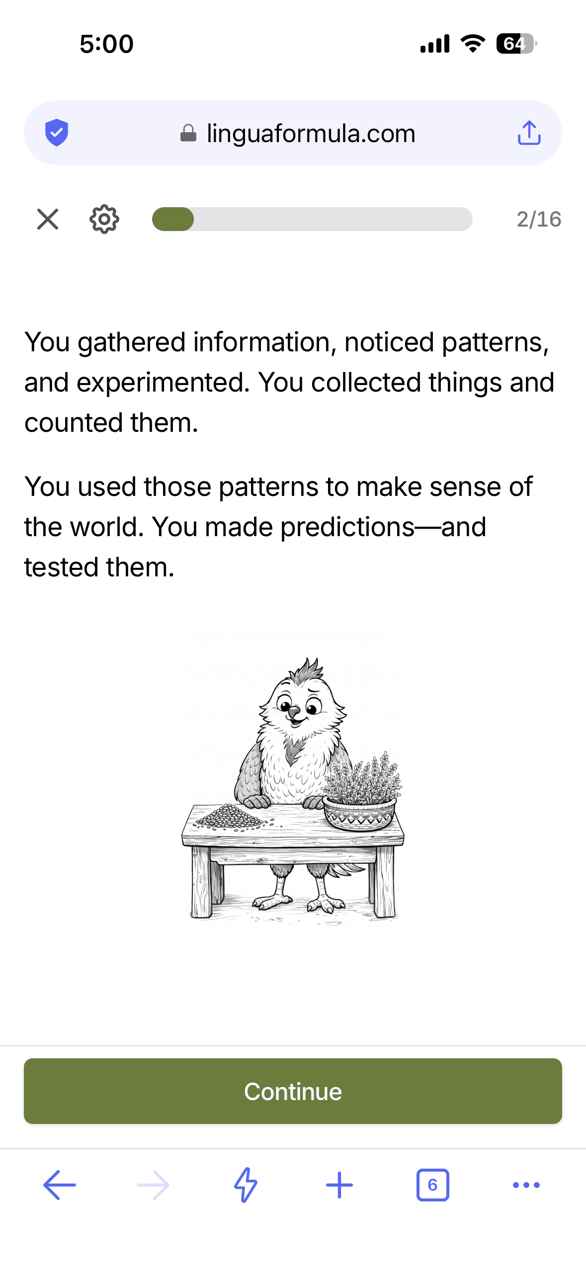 Lingua Formula narrative encapsulation, mobile screen 2 of 3