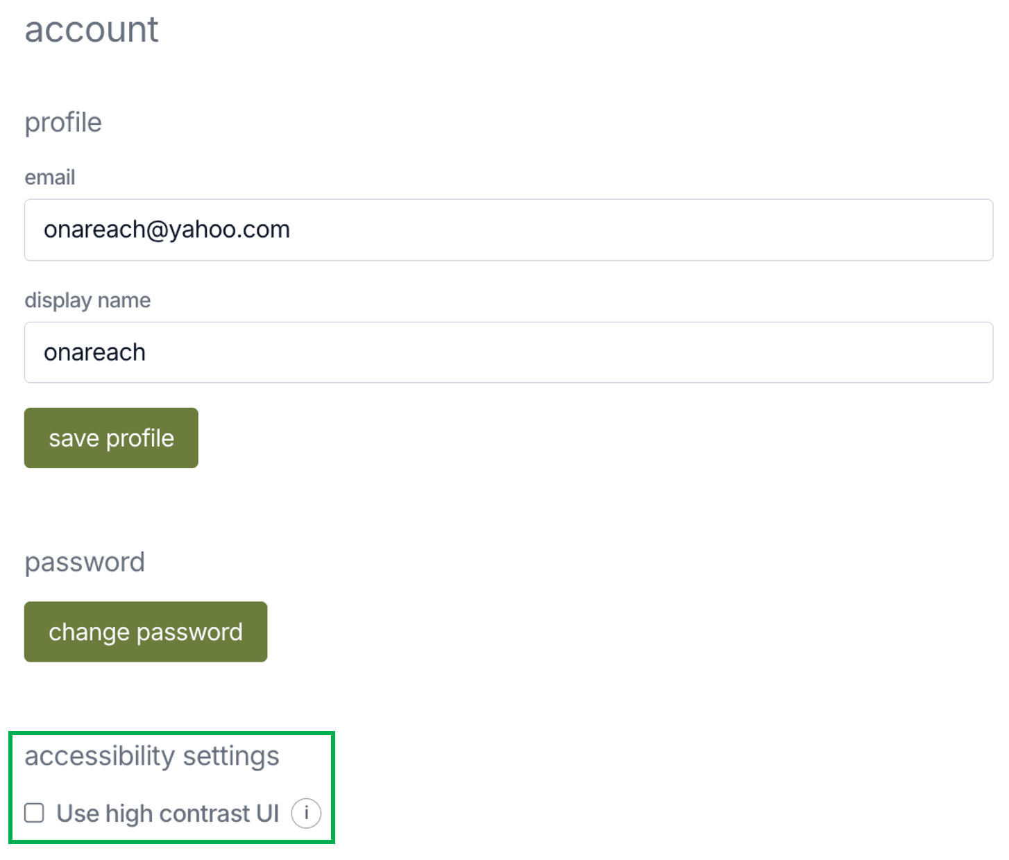 Lingua Formula accessibility settings with high-contrast mode off
