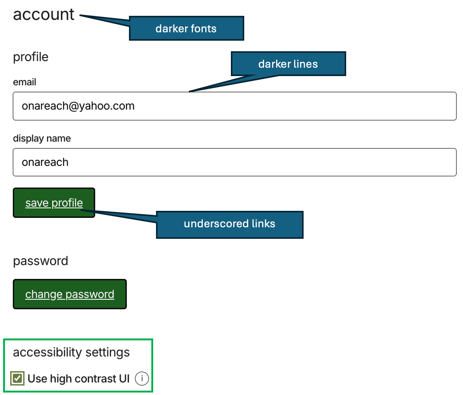 Lingua Formula accessibility settings with high-contrast mode on