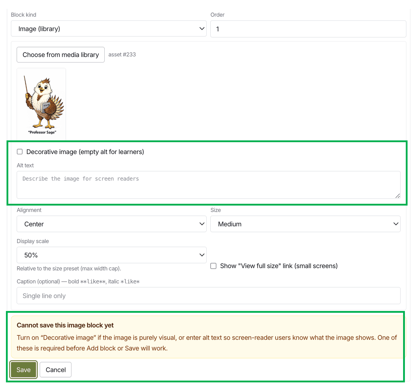 Lingua Formula lesson editor: image block with alternative text required before saving